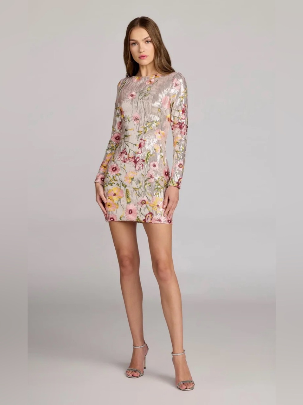New Mac Duggal Longsleeve Sequin Mesh Floral Embroidered Mini Dress size Small
